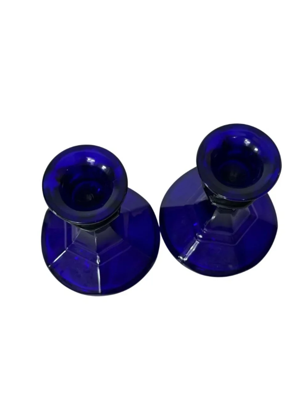 Vintage Blue Glass Candlestick Holders Set of 2 Romantic Cobalt Taper Candle MCM